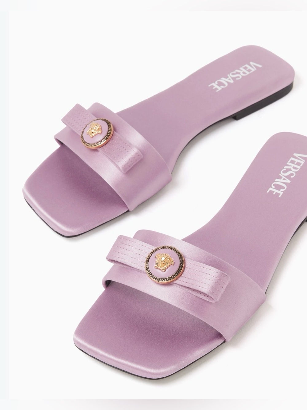 Versace Lilac Satin Slide Sandals with Medusa Button Accent